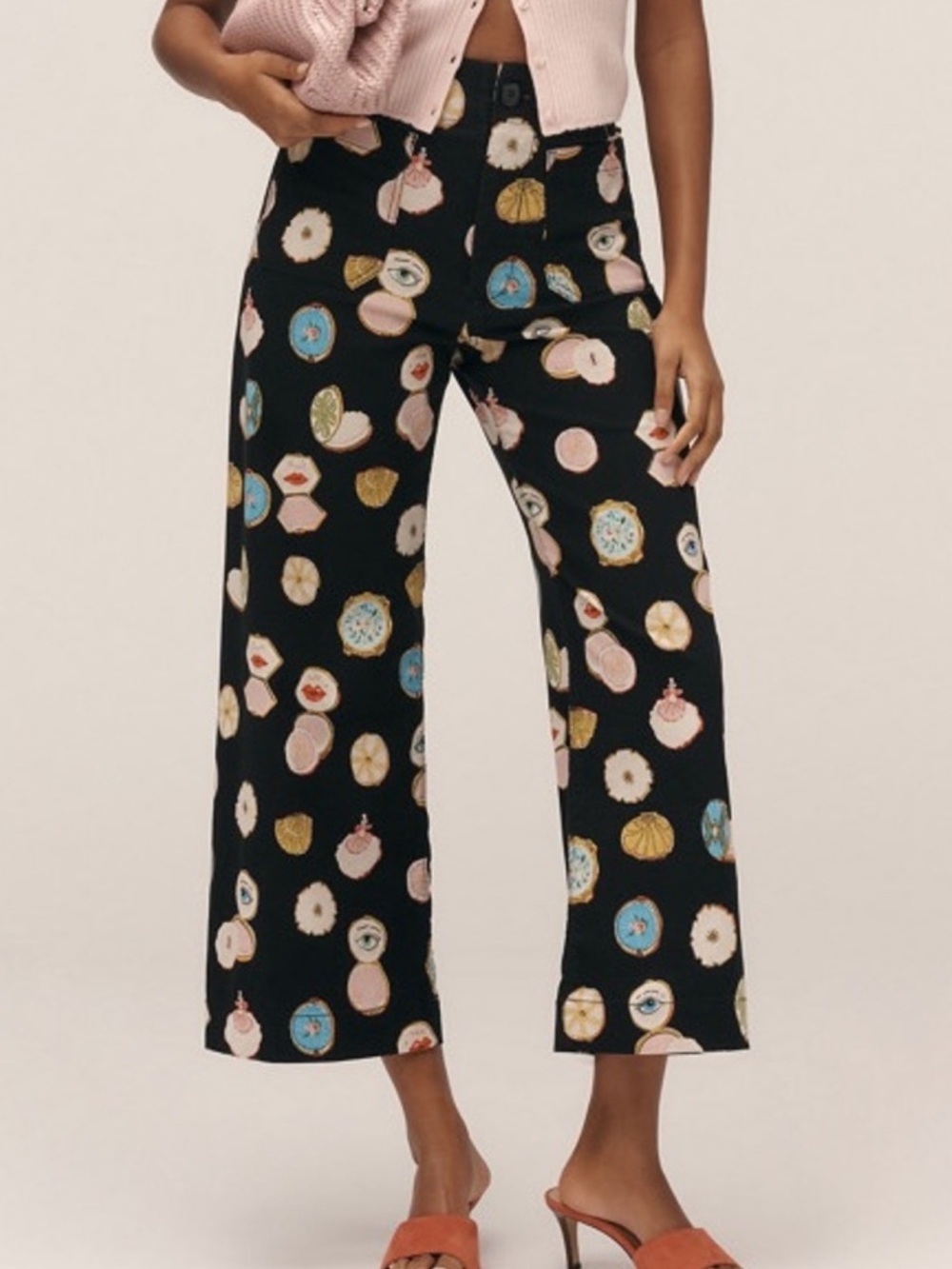 Maeve Cropped Black Danielle Kroll edition Printed Pants with Multi-Color Motif